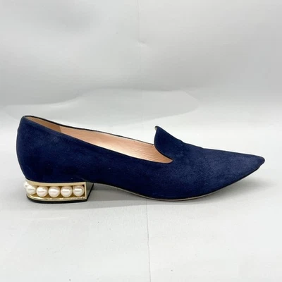 Mocasines de tacón Nicholas Kirkwood para mujer 38,5 8,5 gamuza azul marino adornados con perlas Foto 1 de 4