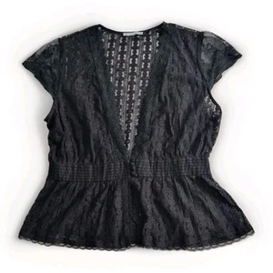 Vintage Y2K Black Lace Blouse Top Size 14 L Whimsygoth Plunge Neck Cap Sleeve - Picture 1 of 12