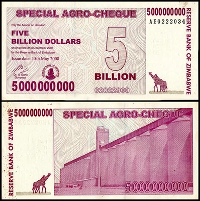 Cheque agrícola especial de 5 mil millones de dólares de Zimbabue, 2008, P-61, usado Foto 1 de 2
