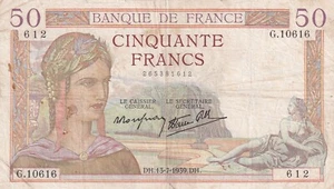 🇫🇷 France, 50 Francs, 1939, VF, p85b , Serial Number: G10616 612 - Picture 1 of 2