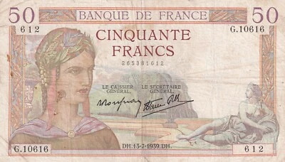 🇫🇷 France, 50 Francs, 1939, VF, p85b , Serial Number: G10616 612 - Image 1 of 2