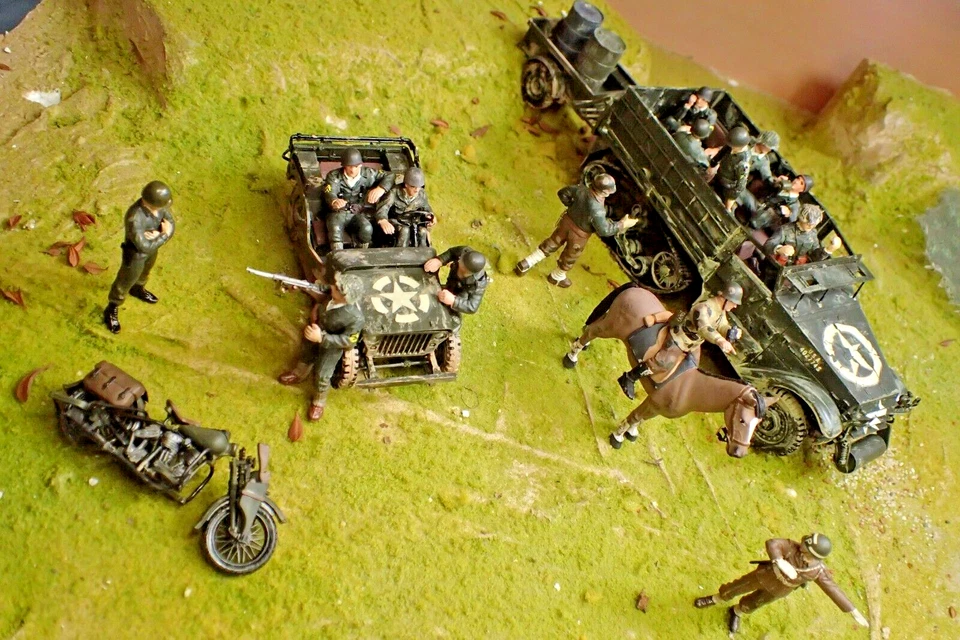 Built Painted Tamiya 1/35 U.S.  half-track truck, jeep  & infantry lot - Image 1 of 4