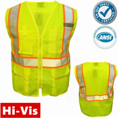 Hi Vis ANSI Class 2 Reflective Tape Safety Work Lime Green Vest High Visibility - Image 1 of 4