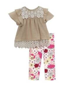 Rare Editions Taupe Guaze Ivory Lace Floral Legging Set  2T or 4T