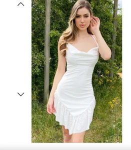 Pretty Little Things White Broderie Cowl Neck Frill Hem Bodycon Dress - Picture 1 of 12