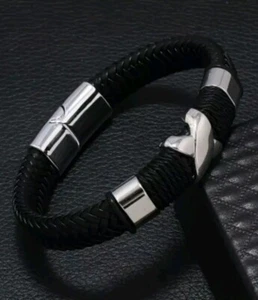 Pulsera Negra de cuero para hombre con cierre magnético de acero inoxidable.. - Picture 1 of 2