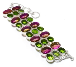 Bi-Color Tourmaline Gemstone 925 Sterling Silver Handmade Jewelry Bracelet 8" - Picture 1 of 8