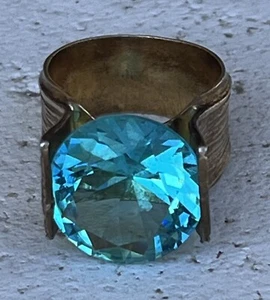 Women's Large Blue Topaz High-Setting Gold-Plated Sterling Silver Ring Size 8 - Picture 1 of 4