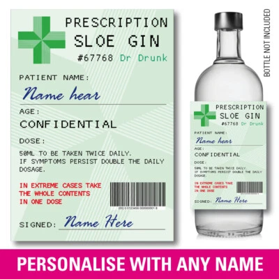Personalised SLOE GIN VODKA Prescription bottle label Sticker Birthday XMAS 137 - Image 1 of 4