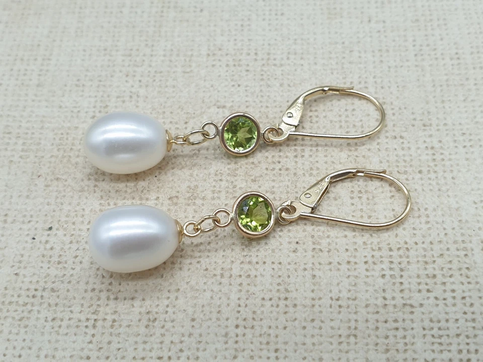9ct Yellow Gold Gemstone and Cultured Pearl Earrings 9K Drop Dangle Leverback - Image 1 of 4