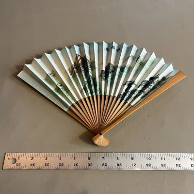 Vintage Wooden & Paper Hand Fans Fold Up 1970-1980 China Brown Handcrafted - Image 1 of 3