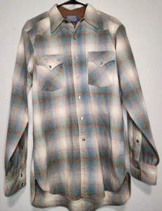 Pendleton Green Tan Ombre Flannel Shirt Virgin Wool Plaid Pearl Snap Med Long - Picture 1 of 9