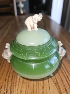 Green Greek Key Design Incense Pot With Elephant Top Fused Glass - Picture 1 of 9