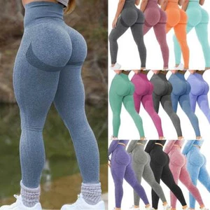 Womens Push Up Gym Leggings Seamless High Waist Yoga Pants Ruched Sports Running - Picture 1 of 33