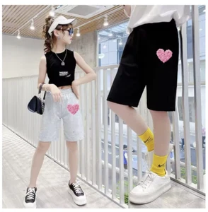 Girls Cotton Shorts Heart Sweatpants Long Shorts Jogging Streetwear Loose Pants - Picture 1 of 7