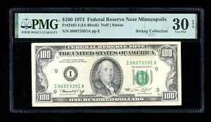 DBR 1974 $100 FRN Minneapolis Fr. 2167-I PMG 30 EPQ Serial I06973391A - Picture 1 of 2
