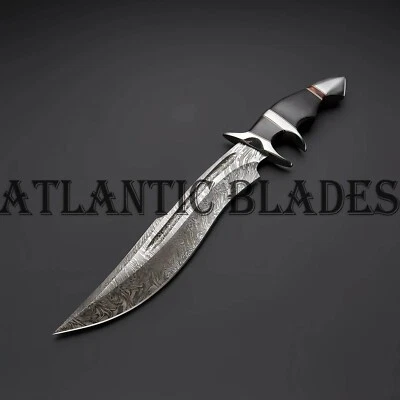 Cuchillo Bowie de caza de acero Damasco afilado hecho a mano con protector de acero y mango de cuerno Foto 1 de 4