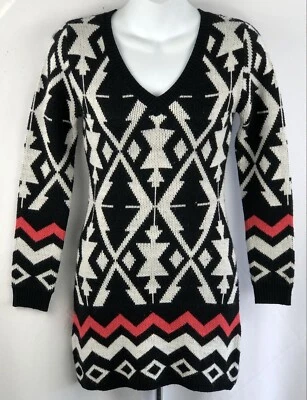 Mini Vestido Suéter Vintage S Negro/Blanco Azteca Cuello en V Manga Larga Años 90 Grunge Y2K Foto 1 de 4
