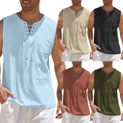 # Mens Cotton Linen Short Sleeve T-shirt Casual Loose V Neck Lace Up Tops Tunic - Image 1 of 4