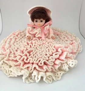 Vintage Doll, Crocheted, Bed Doll Large, Pink and White Dress, Hat, Eyes Close - Picture 1 of 7