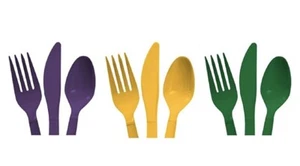 Plastic Cutlery Mardi Gras - 48 Spoons, 48 Forks, 48 Knives - 3 colors - Picture 1 of 3