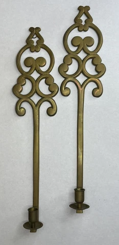 Set Of 2 Lg Vintage Brass Candle Holder 21” Wall Sconces Key Hole Scroll Design Cover