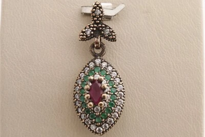 Turkish Jewelry Marquise Cut Ruby White EmeraldTopaz 925 Sterling Silver Pendant - Image 1 of 4