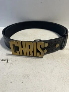 - Vintage 1980’s Brass Colored Belt Buckle Chris Name With Black Belt Size 30-36 - Picture 1 of 3