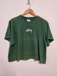 vintage stussy shirt womens size 10 green cropped streetwear 90s y2k embroidered - Picture 1 of 11