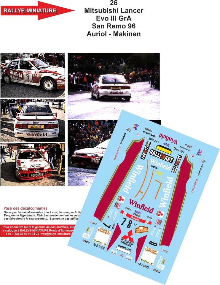 DECALS 1/18 REF 0026 MITSUBISHI LANCER AURIOL RALLYE SAN REMO 1996 RALLY ITALIA - Photo 1/1