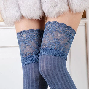 Women Girl Thigh High Stripe Lace up Stockings Hosiery Pantyhose Tights Socks - Picture 1 of 19