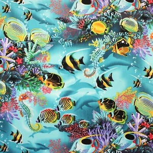 Hawaiian Print Fabric Tropical Undersea Coral Reef Fish Sea Life Turquoise - Picture 1 of 4