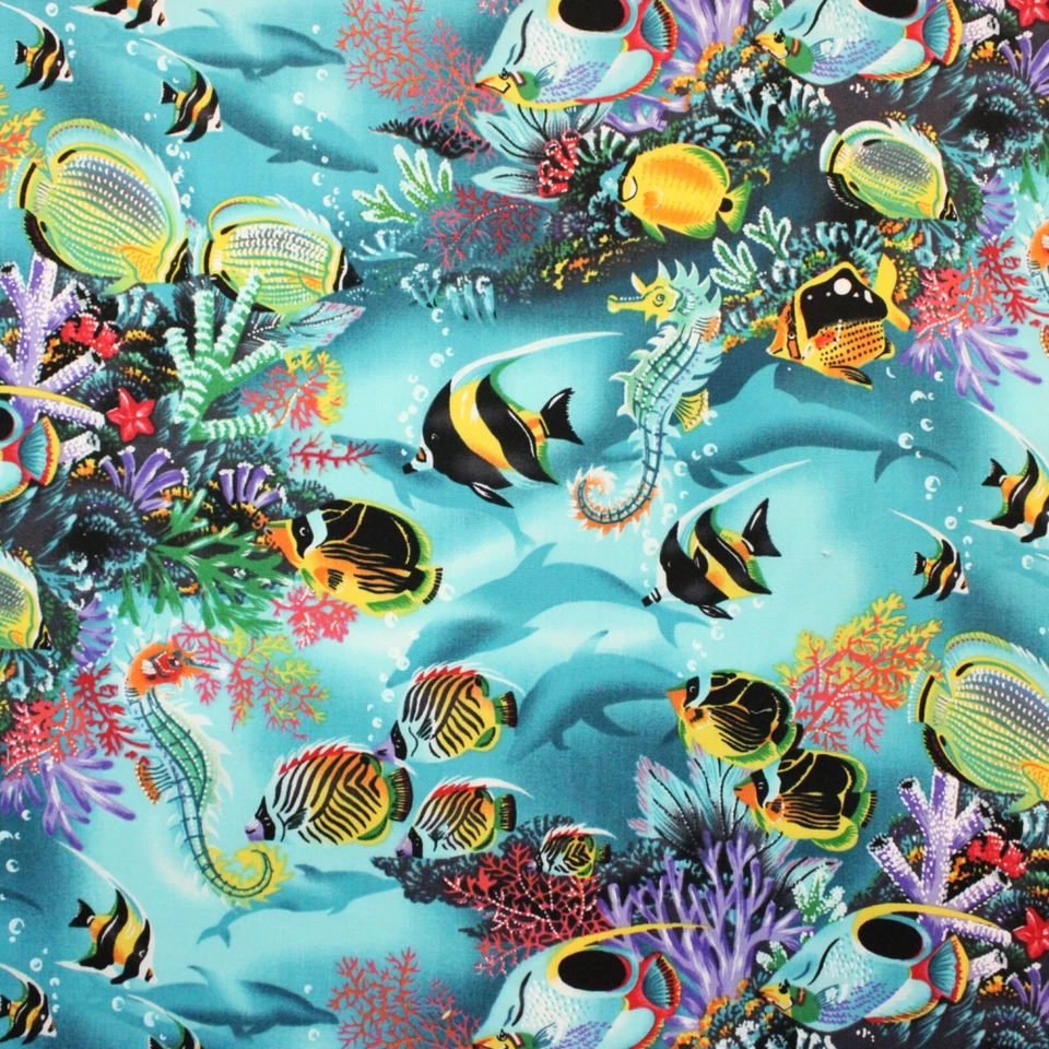 Hawaiian Print Fabric Tropical Undersea Coral Reef Fish Sea Life Turquoise