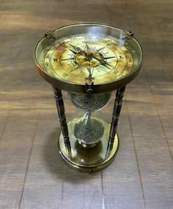 Reloj de arena temporizador de mesa/escritorio de latón con brújula marítima ambos extremos, decoración - Imagen 1 de 5