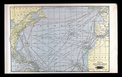1901 Tunison Mapa Mundial Océano Atlántico Distancias Telégrafos América Europa África Foto 1 de 4