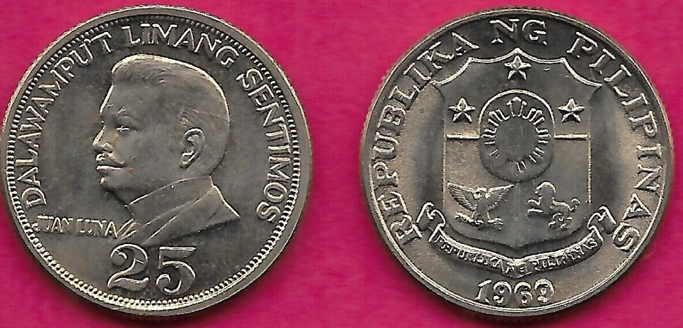 PHILIPPINES 25 SENTIMOS 1969 UNC LEFT FACING HEAD JUAN LUNA,SHIELD OF ARMS,HEAD - Image 1 of 1