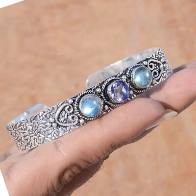 Labradorite & Faceted Amethyst Gemstone 925 Sterling Silver Mom Gift Bracelet - Image 1 of 4