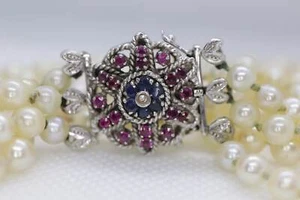 18k Sapphire Ruby Diamond Graduated Saltwater Pearl triple thread necklace. - Picture 1 of 10