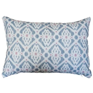 Santorini Linen Blend Boudoir Cushion. Blue & Pink Trellis Design. 17x12" - Picture 1 of 3