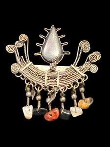 Vintage Peruvian? Intricate Wire Brooch with Natural Stones - Picture 1 of 3