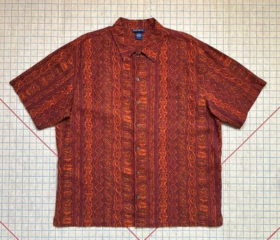 Linen Rayon Blend Hawaiian Camp Shirt Large Red Orange Guayabera High Sierra 90s - Image 1 of 4