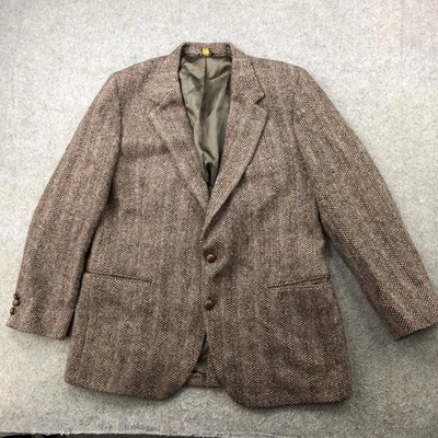 Vintage Harris Tweed Blazer Jacket Men 42 Brown Herringbone Wool Sport Coat USA - Image 1 of 4