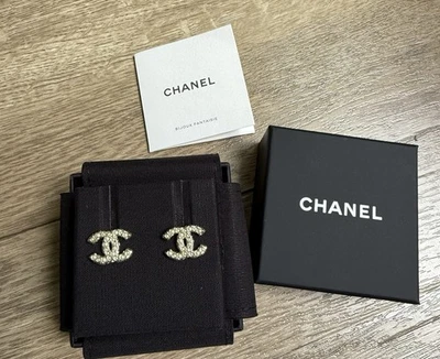 NEW Chanel Gold & Pearl LOGO Small CC Stud Classic Earrings - Image 1 of 4