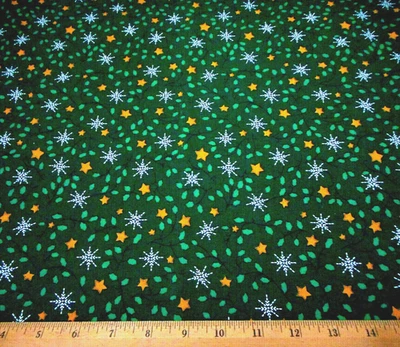 Christmas Fabric 1 7/8 Yard CLEARANCE Snowflake Star Green Premium Cotton 9 Vg C - Image 1 of 2