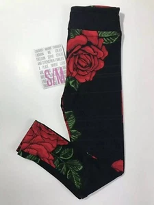 LuLaRoe Red Roses Kid’s Sm Leggings Black Red Floral Stripes NEW - Picture 1 of 4