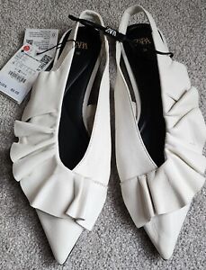 ZARA - White Ruffled Leather Sling-Back Pointy Flats - EU 38