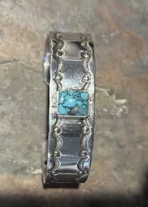Navajo Will Denetdale Turquoise Mountain Stamped Sterling Silver Cuff 6 5/16” - Picture 1 of 6