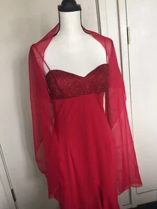 Red Beaded Gown Hi-low Spaghetti Strap Sz 8 W Matching scarf Shawl. - Picture 1 of 10