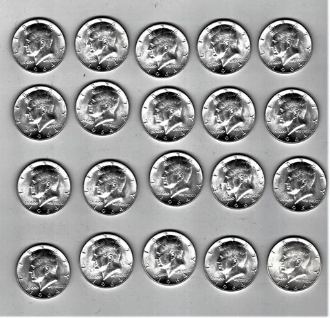 20 PCS, 1 ROLL .900% SILVER KENNEDY HALF DOLLARS, 1964-P, PROOF LIKE, BU UNC Cover