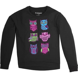 Hanes Girls Fleece Hi Low Hem Sweatshirt Size Medium (8) Black W Hoot Owls  - Picture 1 of 1